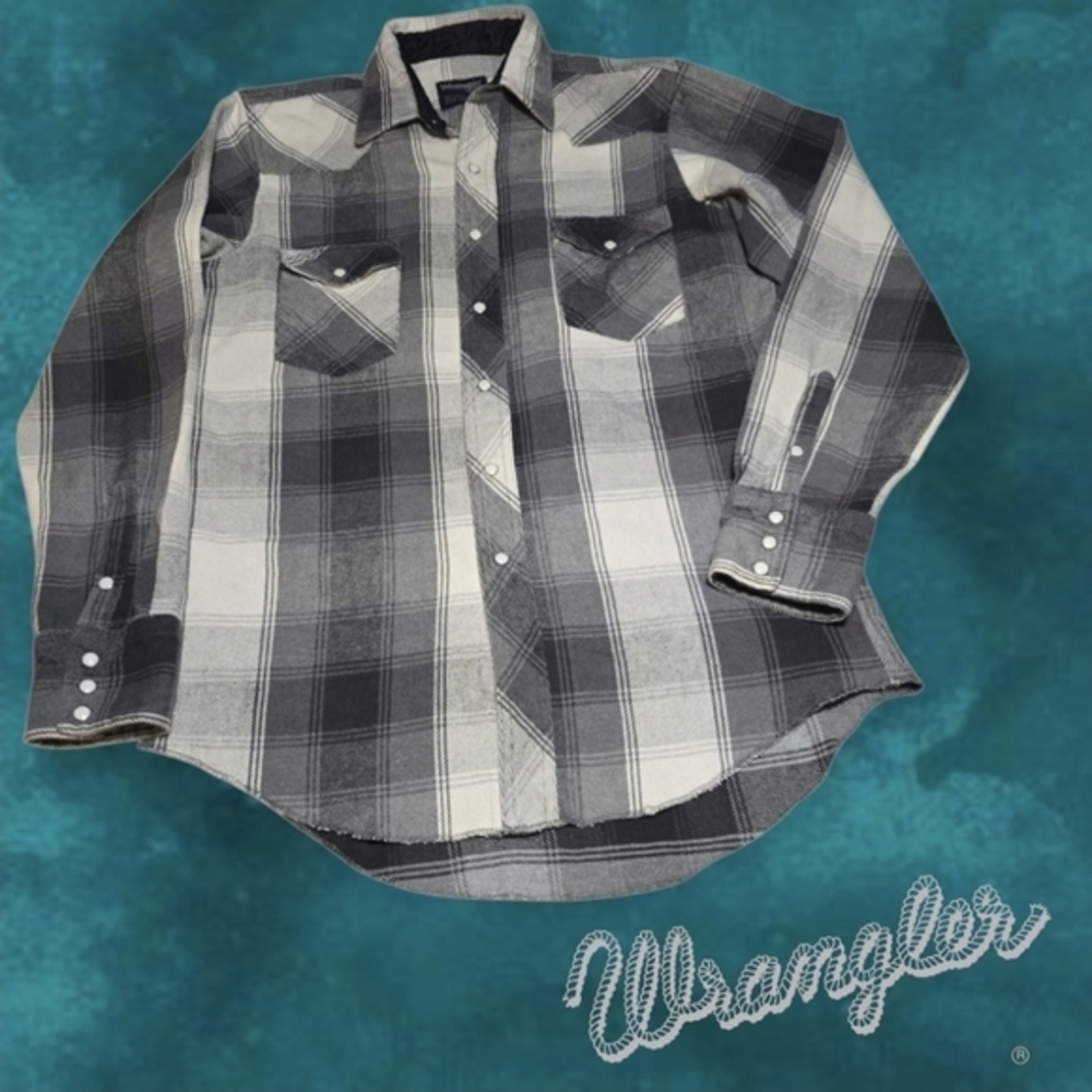 VTG Wrangler Western Pearl Snap LS Flannel Shirt Shadow Plaid Grey Cream 16-35 L